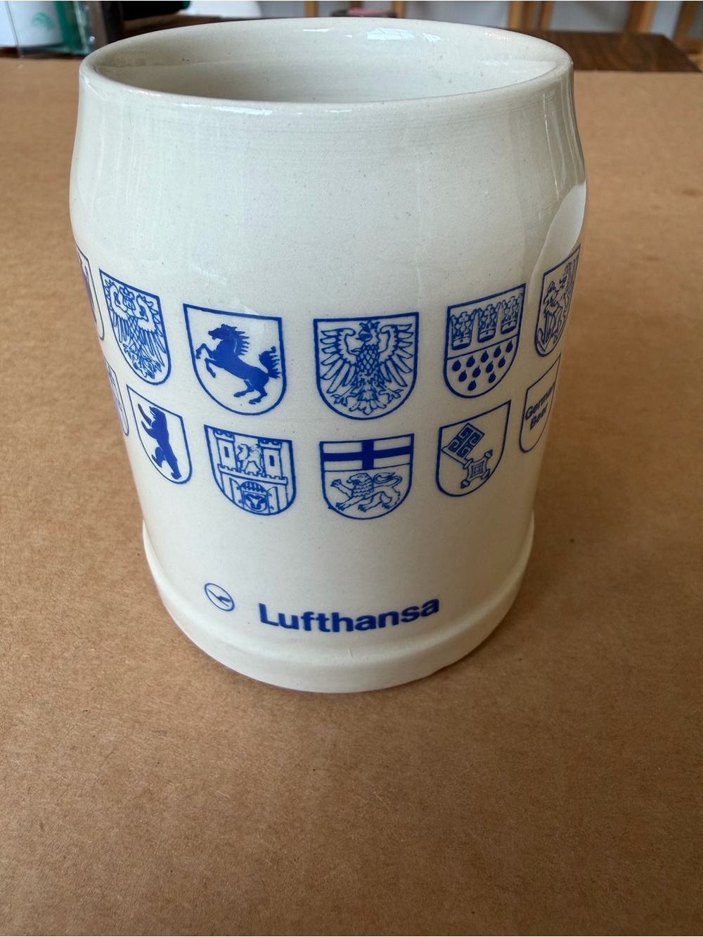 Lufthansa Ceramic Beer Stein with Blue Heraldic Crest Design
